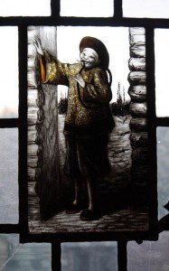 Sterling Memorial Library’s East Asian Library contains a pane of stained glass with this depiction from Bret Harte’s poem “Heathen Chinee.”